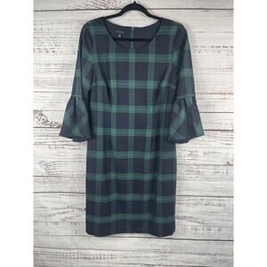 Talbots Dress Womens 10 Blue Green Plaid Bell Sleeve Sheath Knee Work Office